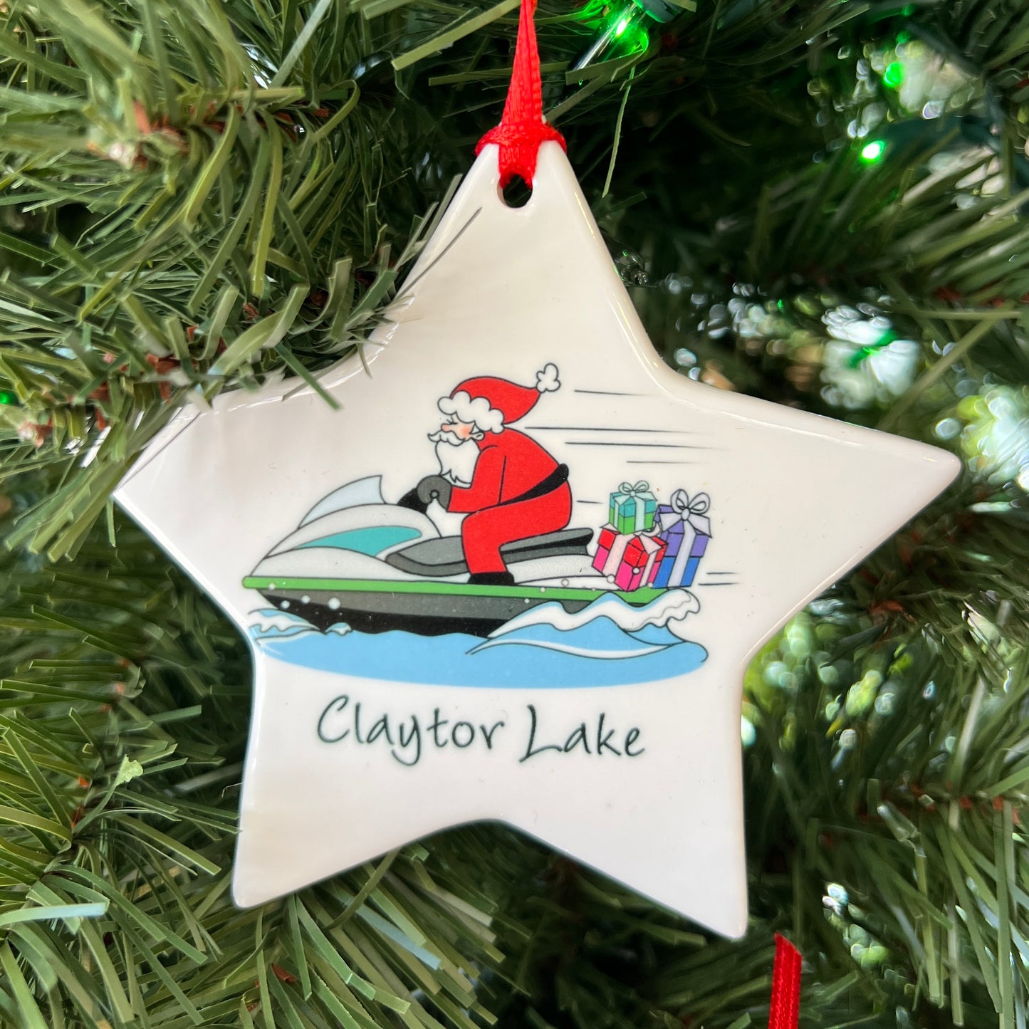 Star Shaped Claytor Lake Santa Jet Ski Ornament